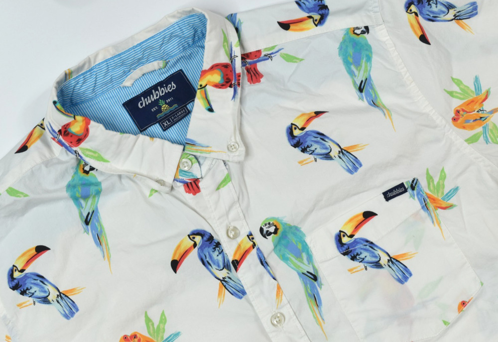 Chubbies Friday Shirt Mens XL White Parrots Birds Short Sleeve Button-Down